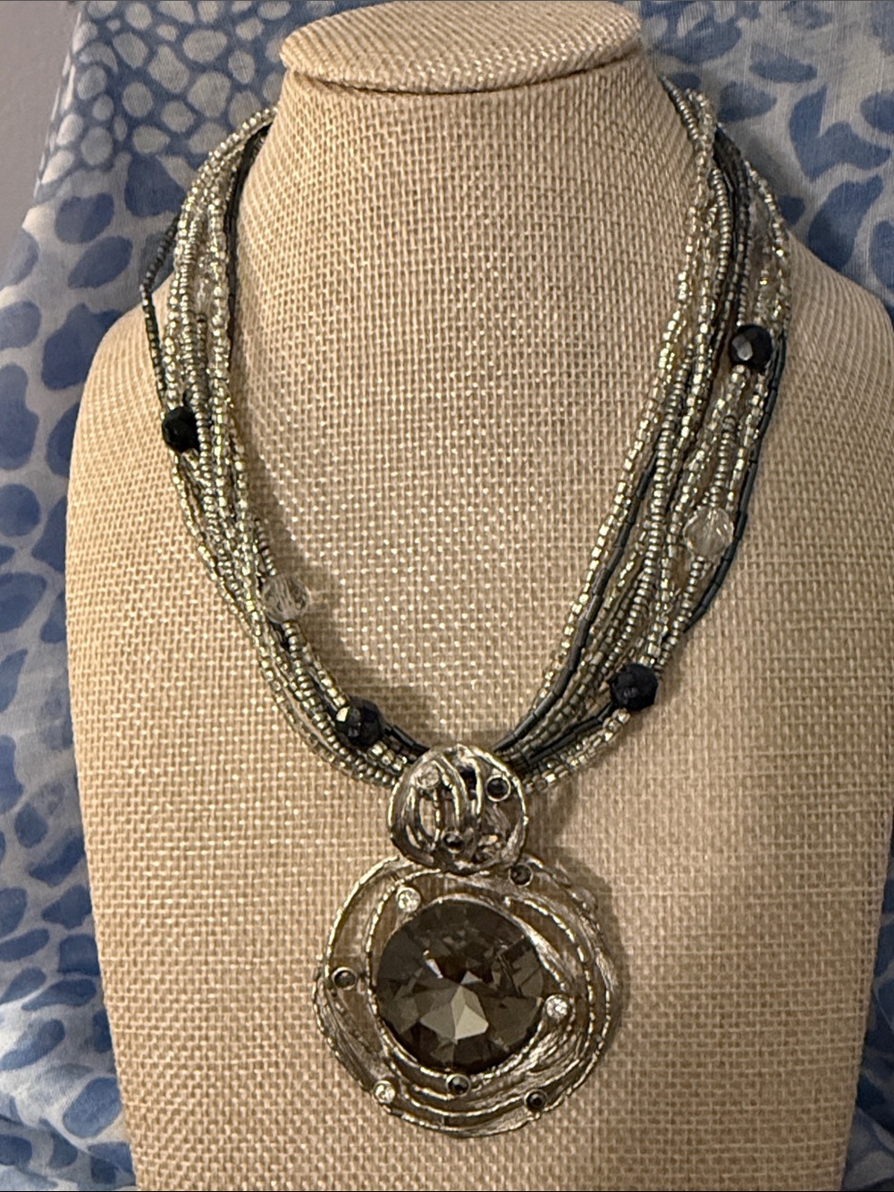 Multi-Strand Silver Necklace with Gray Centerstone Pendant